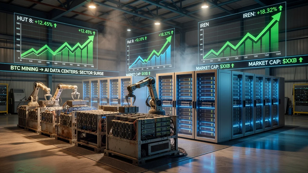 Bitcoin mining facilities expanding into AI data centers with rising stock charts for Hut 8 and IREN