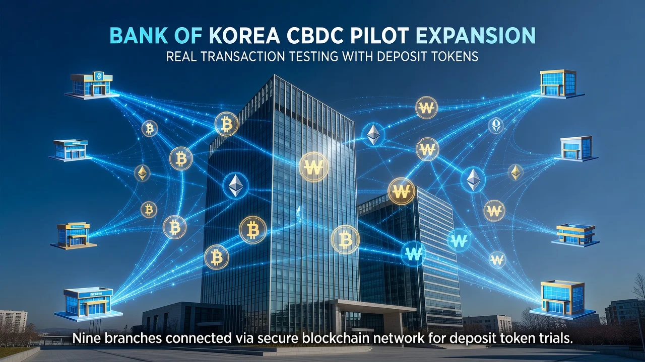 Illustration of Bank of Korea expanding CBDC pilot with nine banks, featuring digital currency elements.