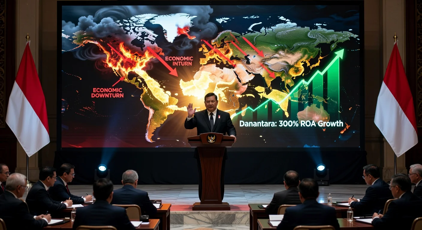 President Prabowo Subianto addresses officials, portraying global crises as opportunities for Indonesia's rise, highlighting Danantara's 300% investment growth.