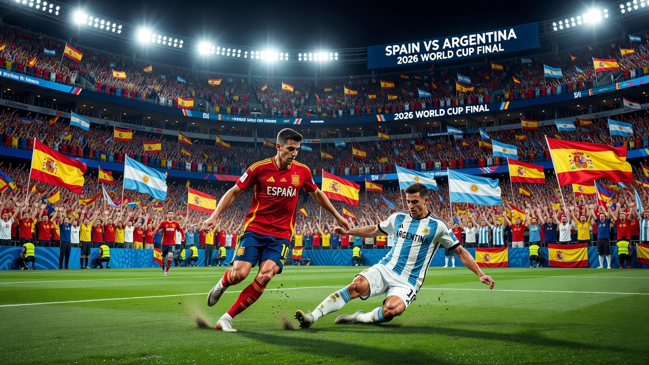 Spain and Argentina players competing in the World Cup final at MetLife Stadium.