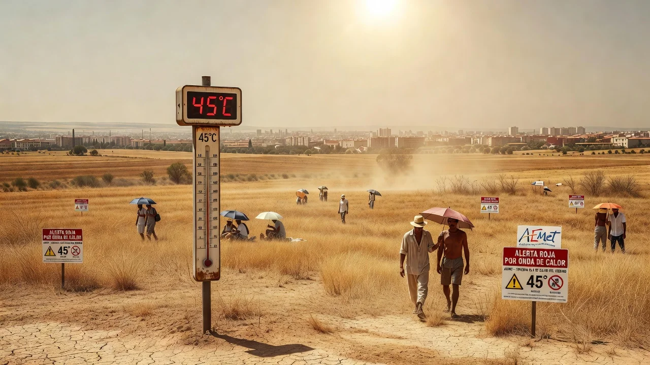 Illustration of Spain experiencing extreme heat during the third summer heatwave with temperatures up to 45°C.