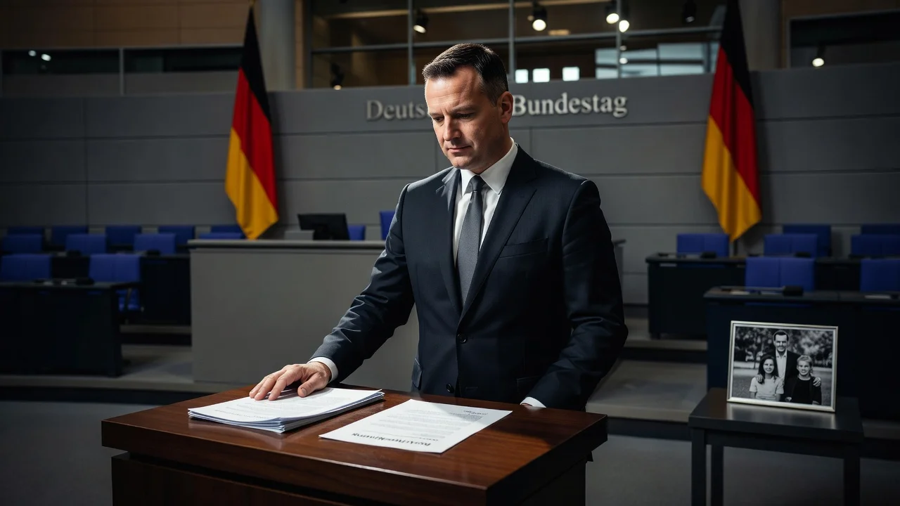 Jens Spahn at a podium in parliament looking serious during his resignation announcement.