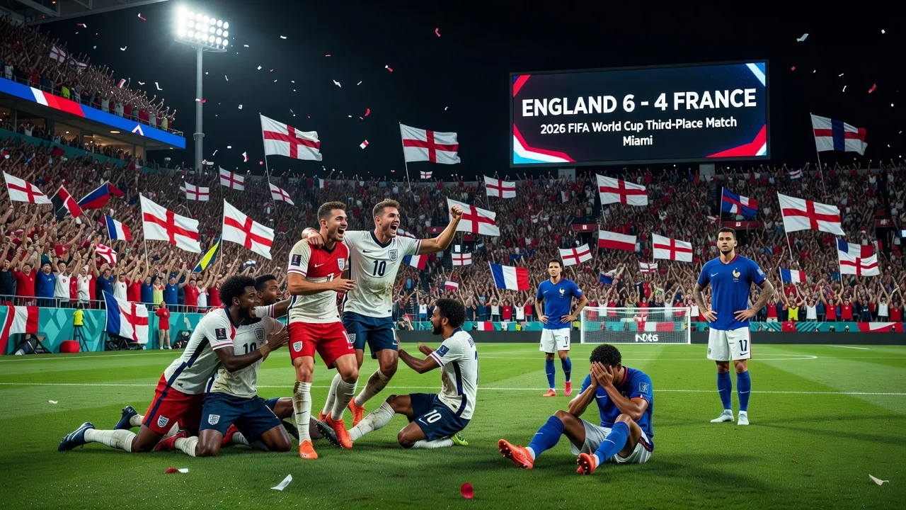 England celebrating victory over France 6-4 in World Cup third-place match
