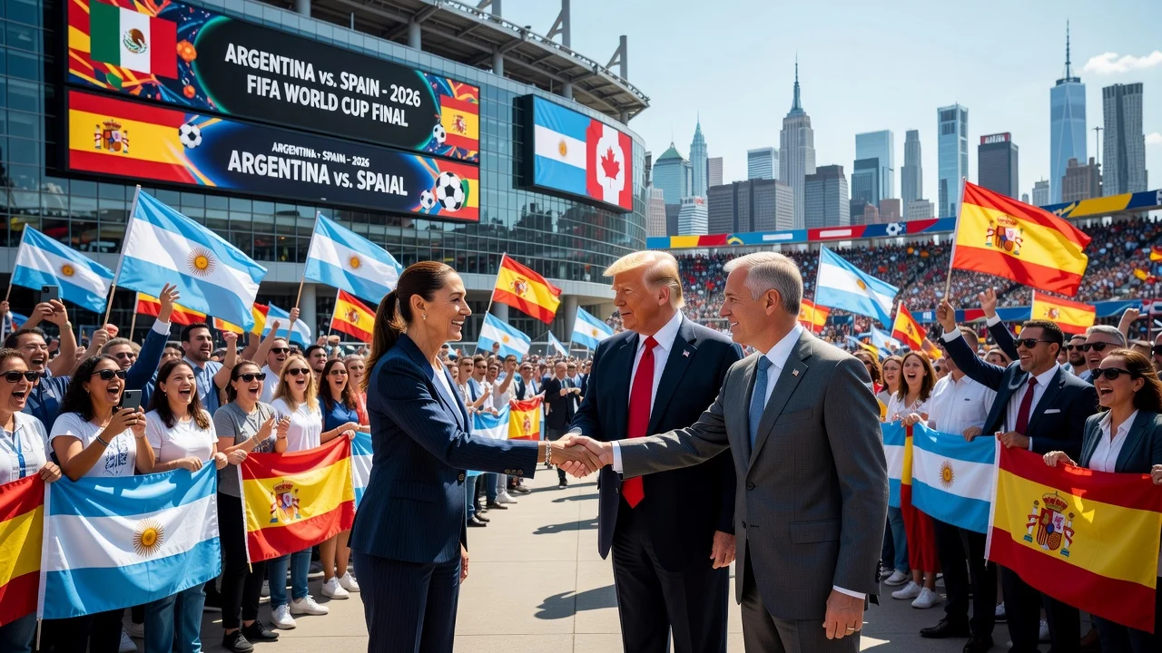 Mexican President Sheinbaum meets Trump and Carney at the 2026 World Cup final in New York.