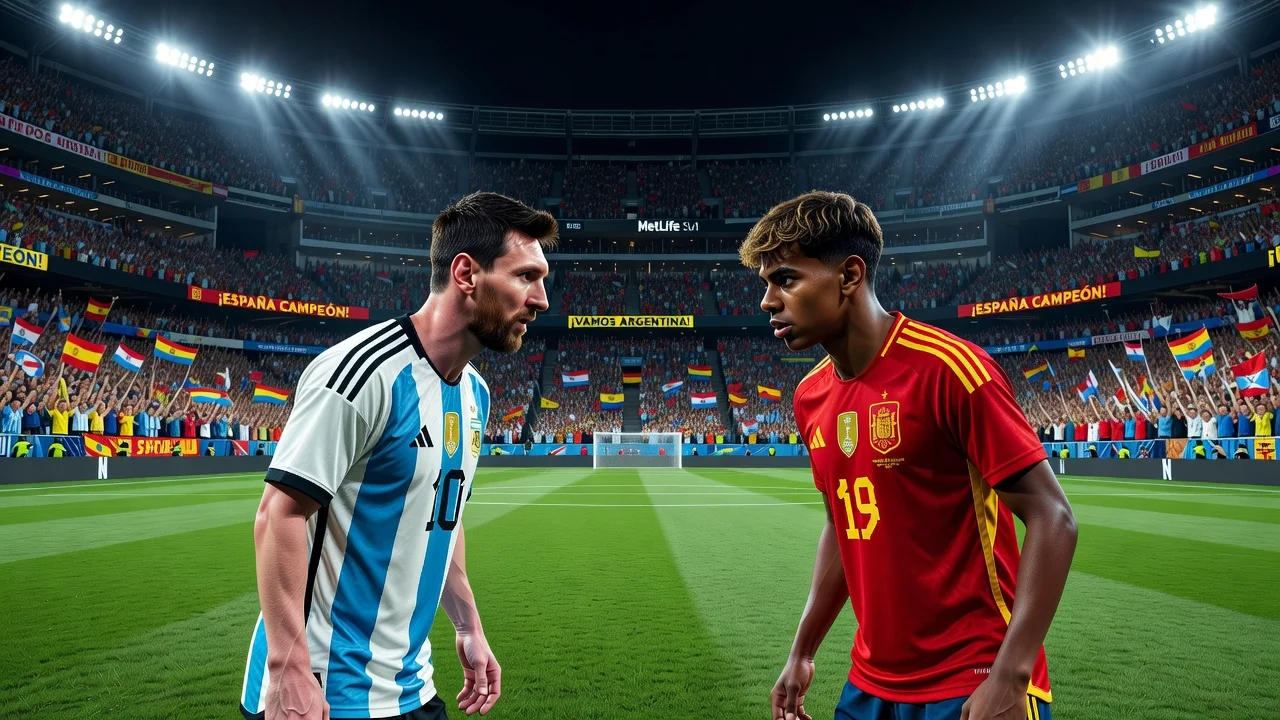 Illustration of Messi and Yamal facing off in the World Cup final at MetLife Stadium