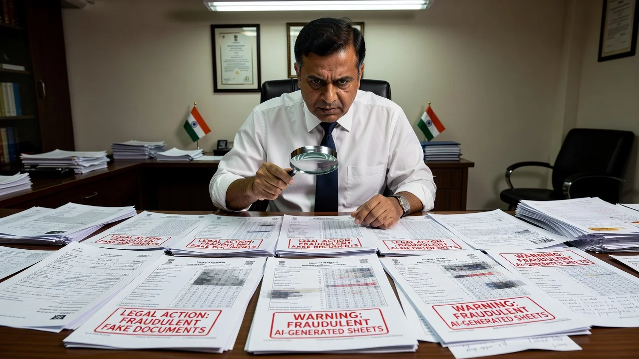 An NTA examiner reviewing fake AI-generated OMR sheets with legal warnings for the Re-NEET exam.