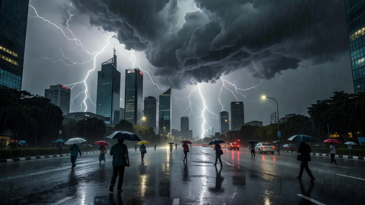 Heavy rain and lightning over Jakarta cityscape during a storm warning.