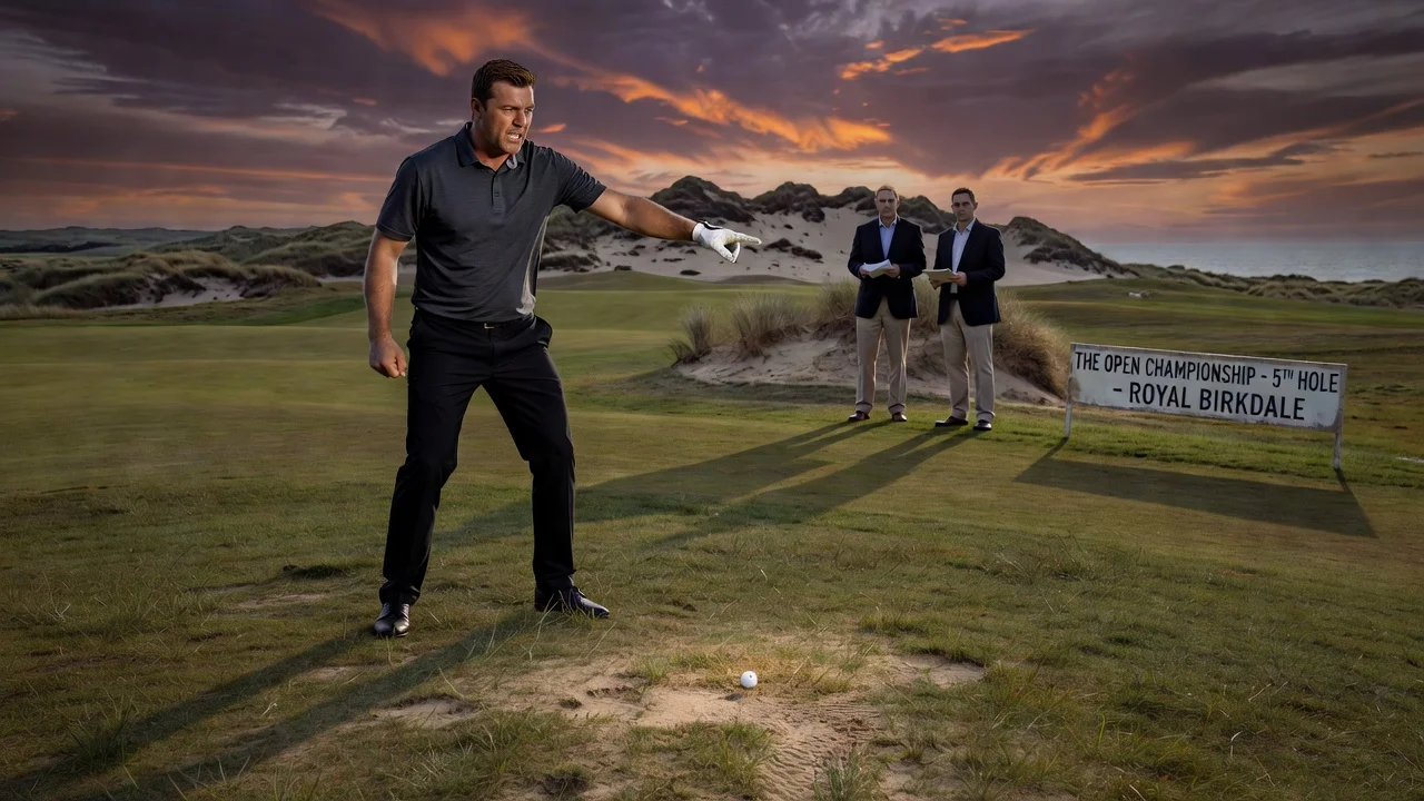 Bryson DeChambeau showing frustration after receiving a penalty at the Open Championship golf tournament.
