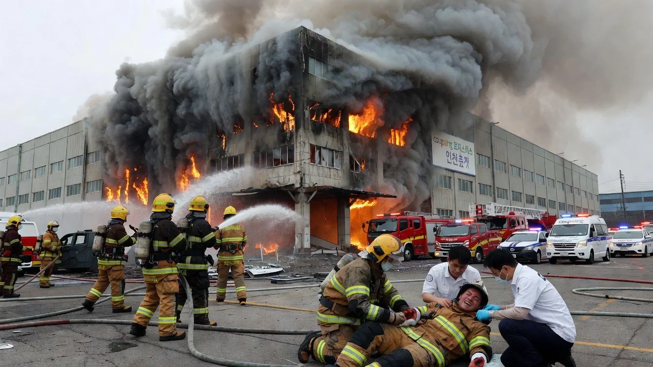 Firefighters responding to a blaze at the Coupang logistics center in Incheon, with smoke and flames visible from the sixth floor.