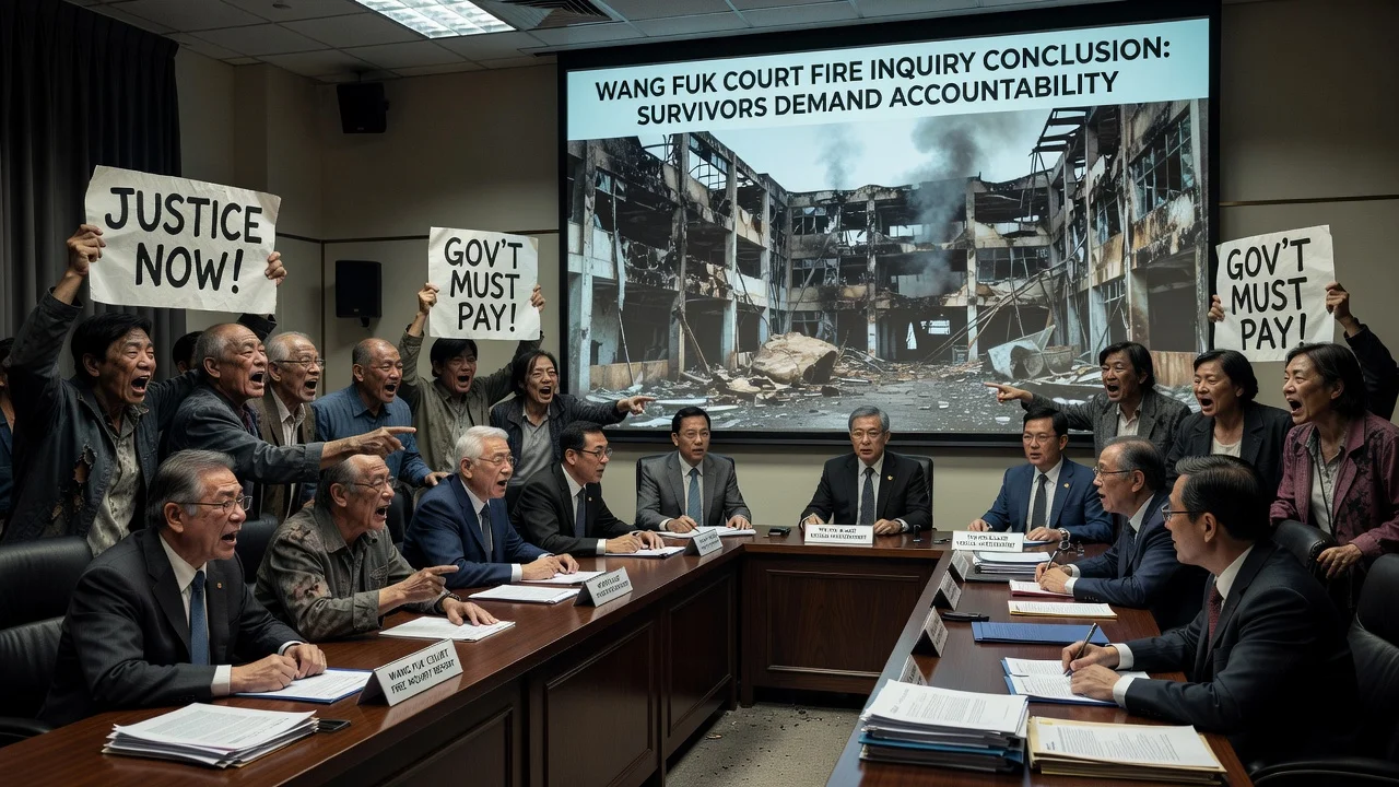 Survivors of the Wang Fuk Court fire demanding accountability at the inquiry hearings conclusion in Hong Kong.