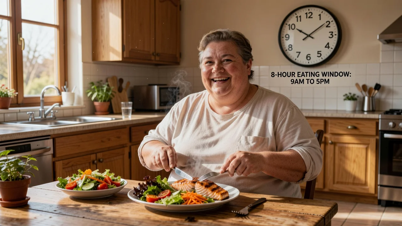 A realistic photo of a person eating a healthy meal in a kitchen with a clock indicating time-restricted eating, illustrating weight loss success.