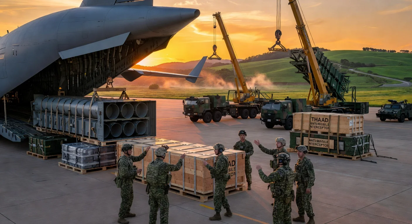 U.S. troops load THAAD interceptors onto a transport plane at a South Korean base for relocation to the Middle East.