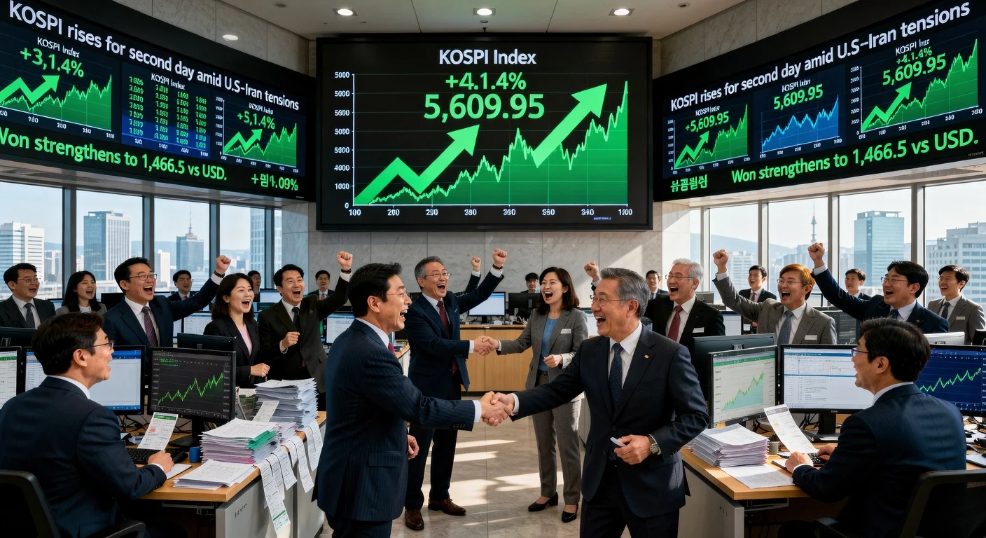 Seoul stock traders celebrate KOSPI surge on trading floor amid Iran tensions.