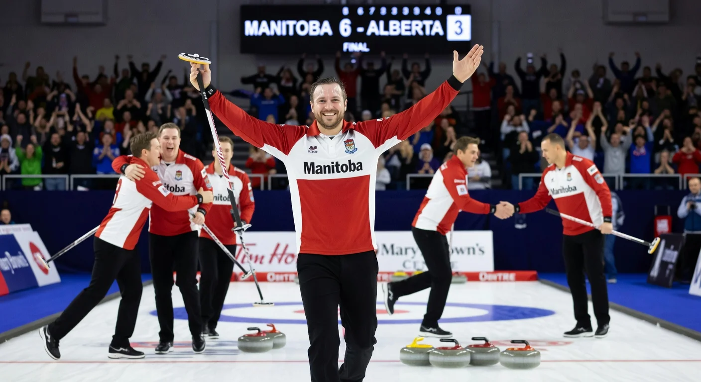 Matt Dunstone celebrates Manitoba's 6-3 Brier final win over Kevin Koe, youngest winning skip in 20 years.