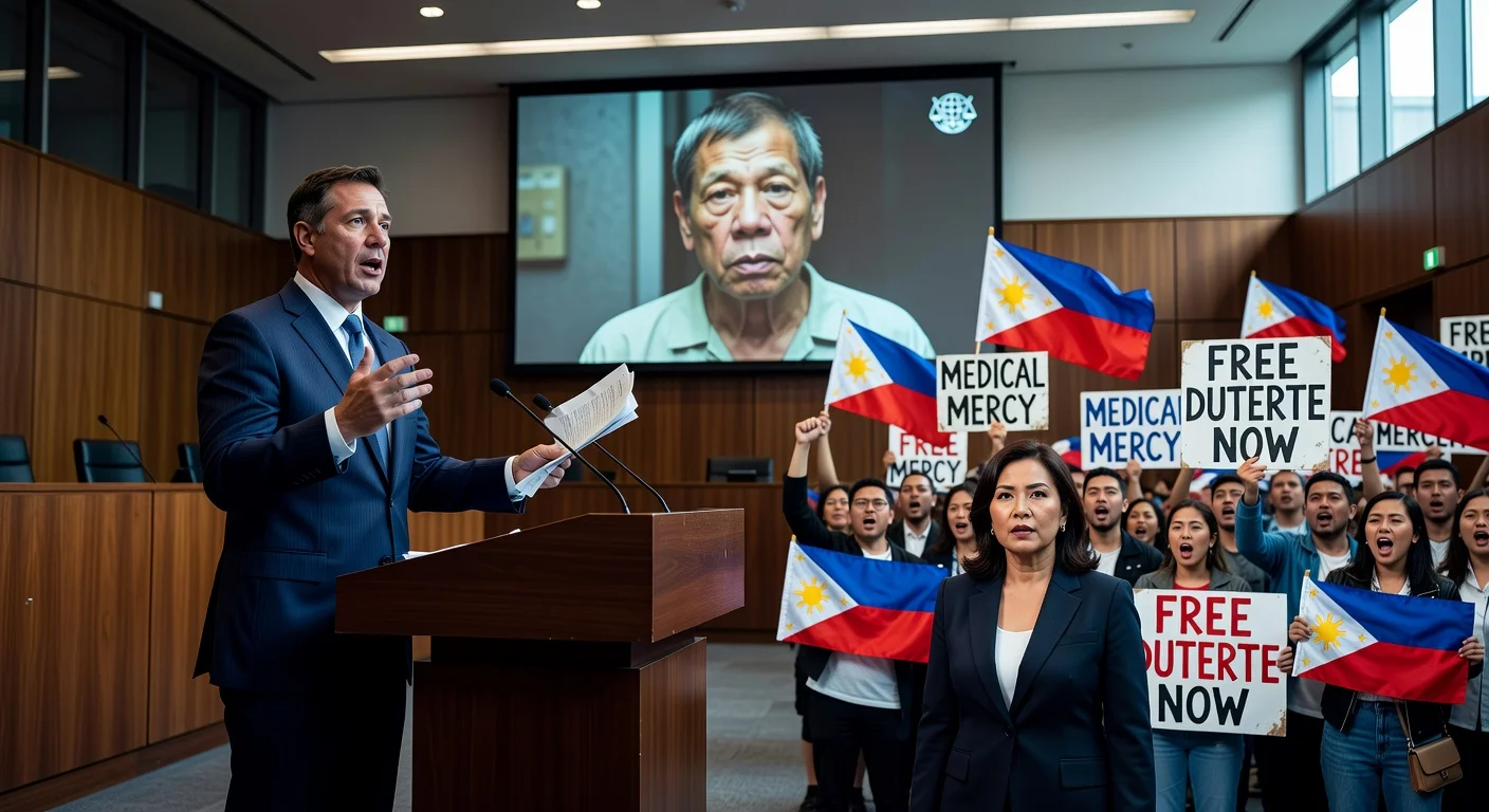 Nicholas Kaufman presses ICC for Duterte's medical release as supporters protest outside.