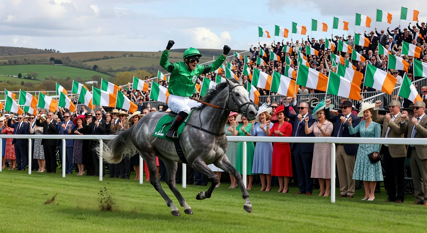 Il Etait Temps celebrates victory in the Champion Chase at Cheltenham Festival Ladies Day, with jubilant Irish fans.