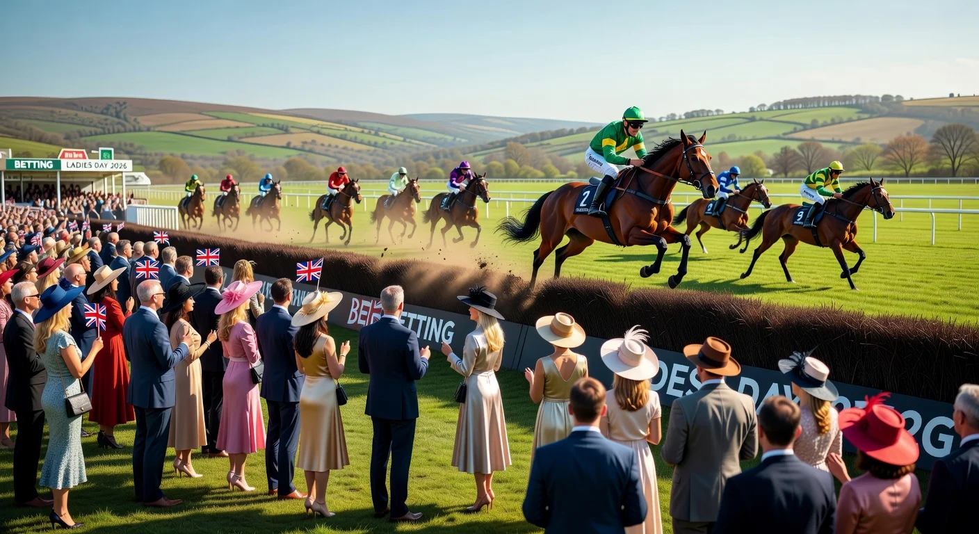 Ladies Day at Cheltenham Festival: stylish crowd and thrilling Queen Mother Champion Chase horse jump.