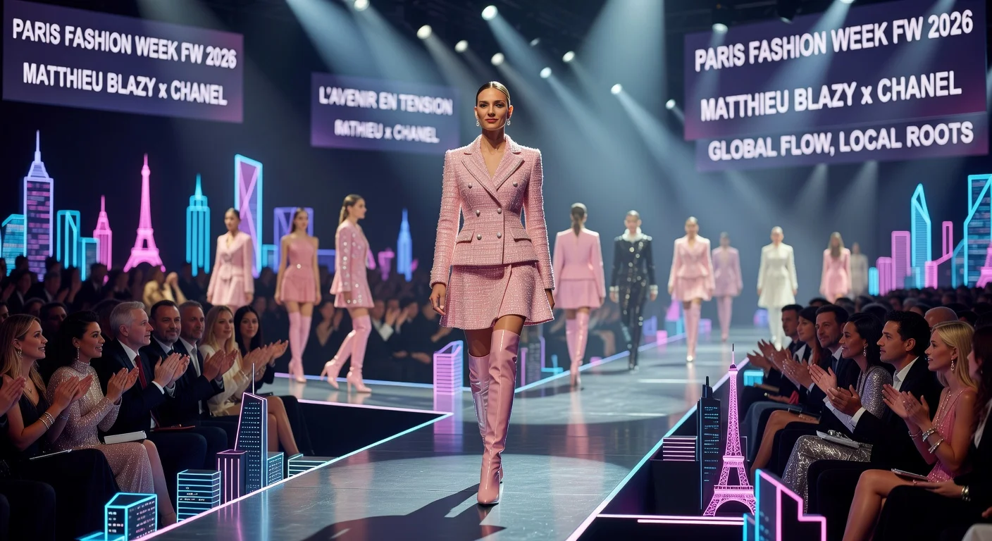 Illustration of Paris Fashion Week 2026 runway featuring Chanel collection, pink trends, thigh-high boots, and celebrity front row.