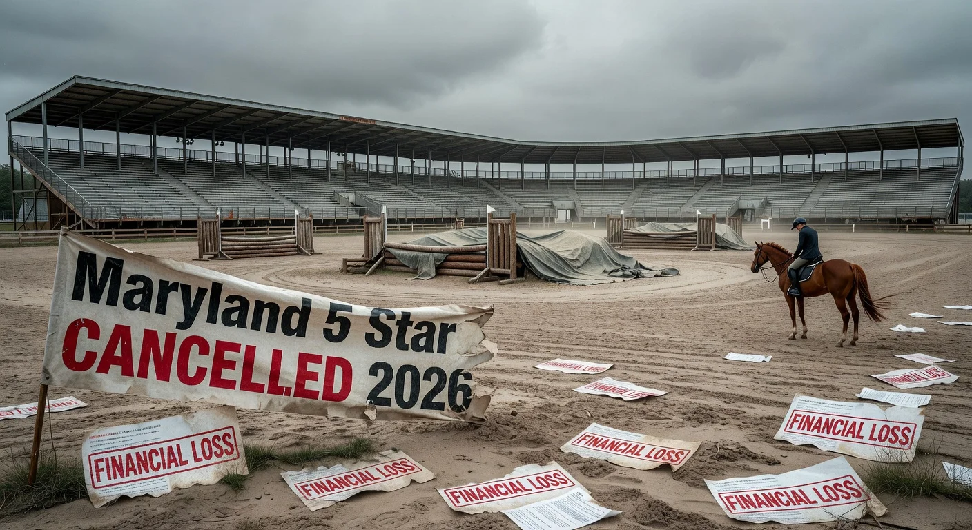 Illustration depicting the empty Maryland 5 Star eventing venue with cancellation signs, evoking financial disappointment and paused equestrian dreams.