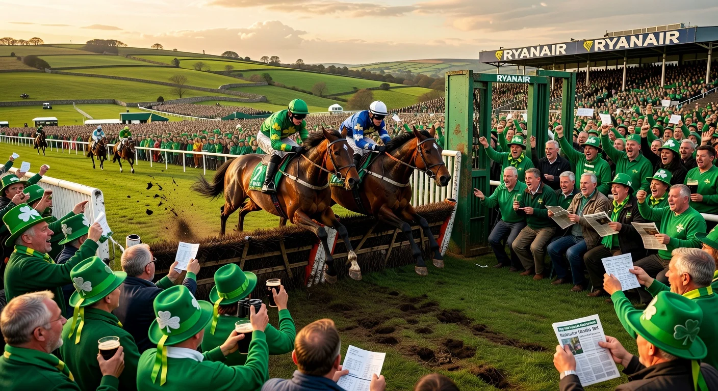 Dynamic photorealistic illustration of horses racing in the Stayers’ Hurdle at Cheltenham Festival day 3, with leaping steeds, jockeys, and cheering crowds waving Irish flags.