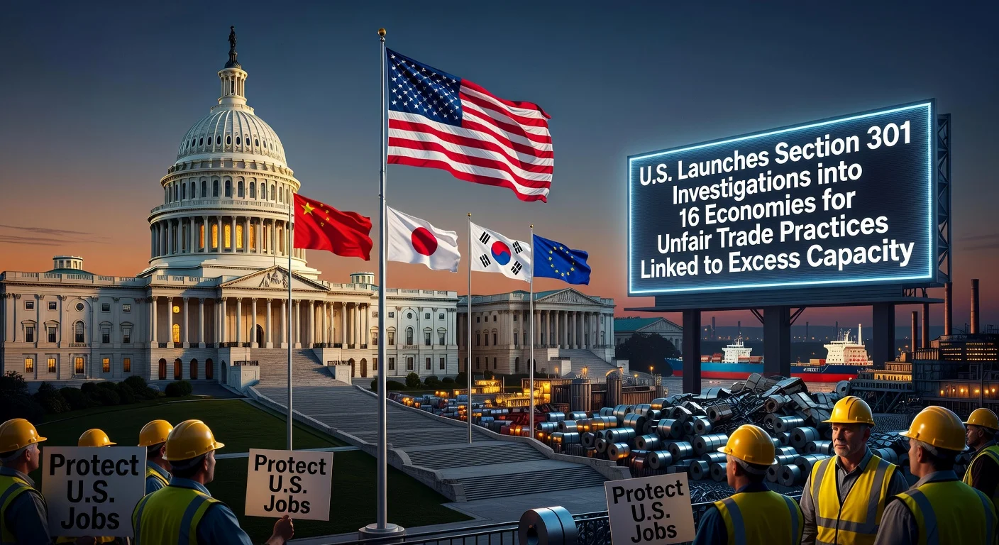 Symbolic news image of U.S. trade investigations into 16 economies, featuring Capitol, national flags, factories, and workers.
