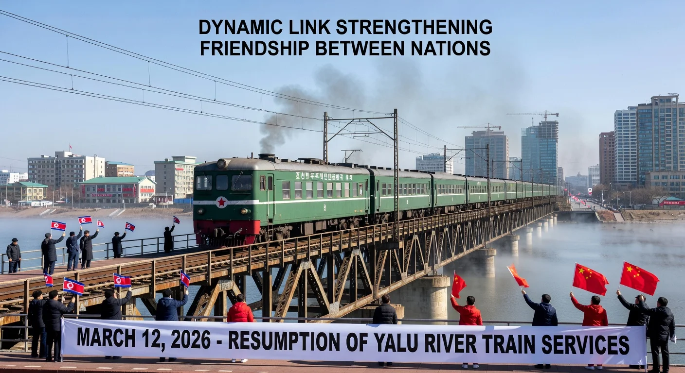 Historic passenger train crossing Yalu River bridge as China and North Korea resume cross-border rail services after six years.