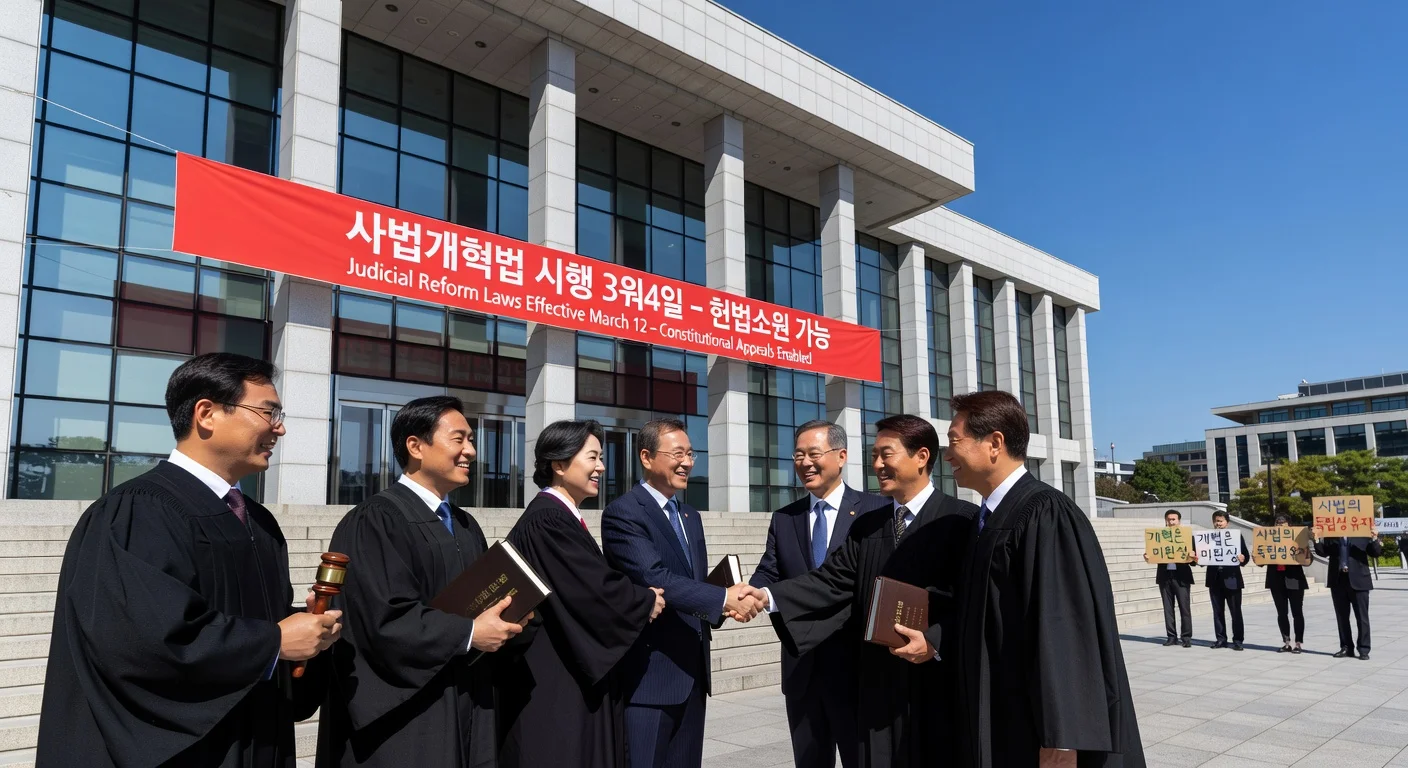 South Korea's Supreme Court with banner announcing judicial reform laws taking effect on March 12, enabling constitutional appeals; judges and politicians celebrating.