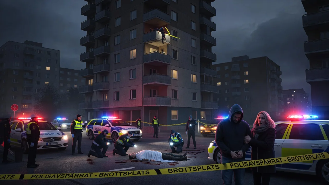 Nighttime crime scene at a Rinkeby apartment building showing police activity after a fatal balcony fall with two arrests.