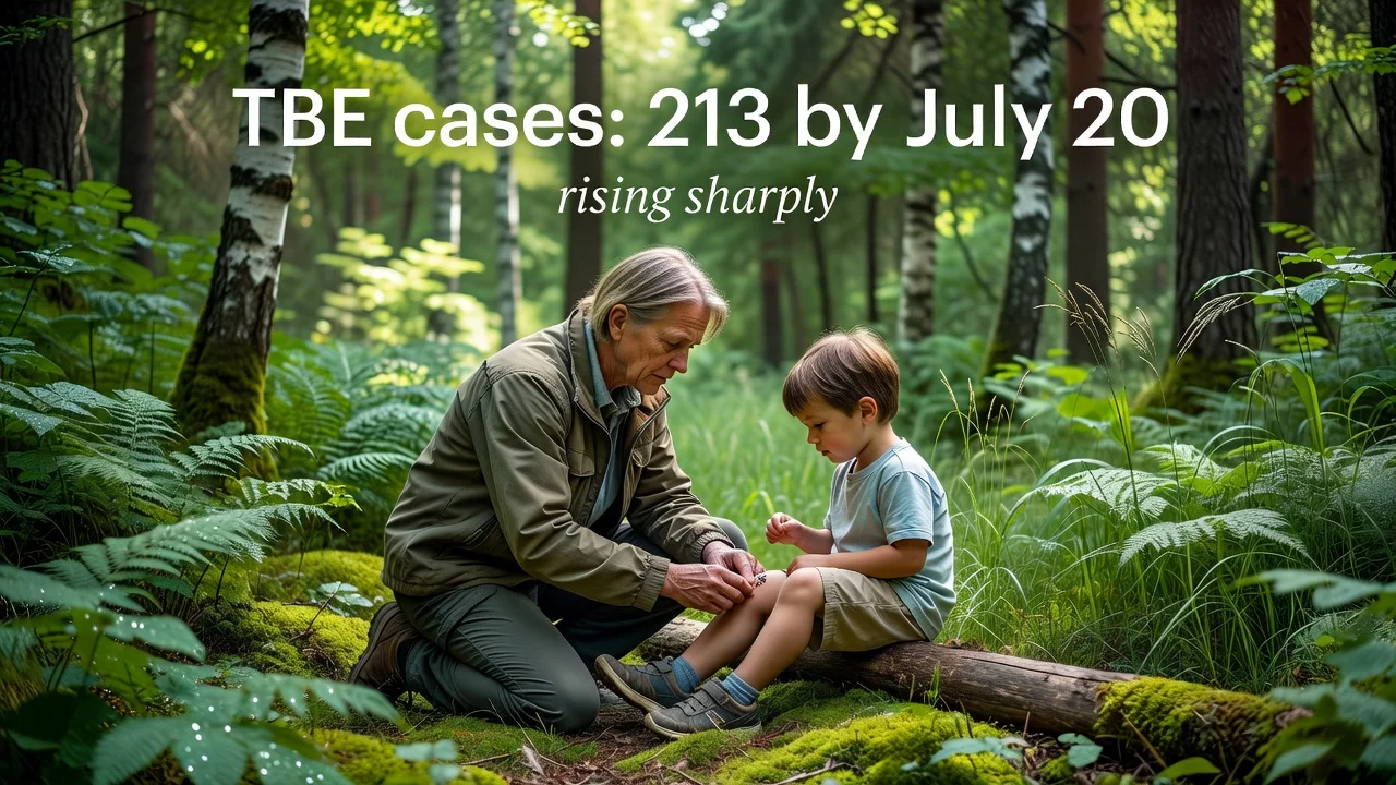 Realistic image of a person checking for ticks in a Swedish forest with TBE case statistics overlay