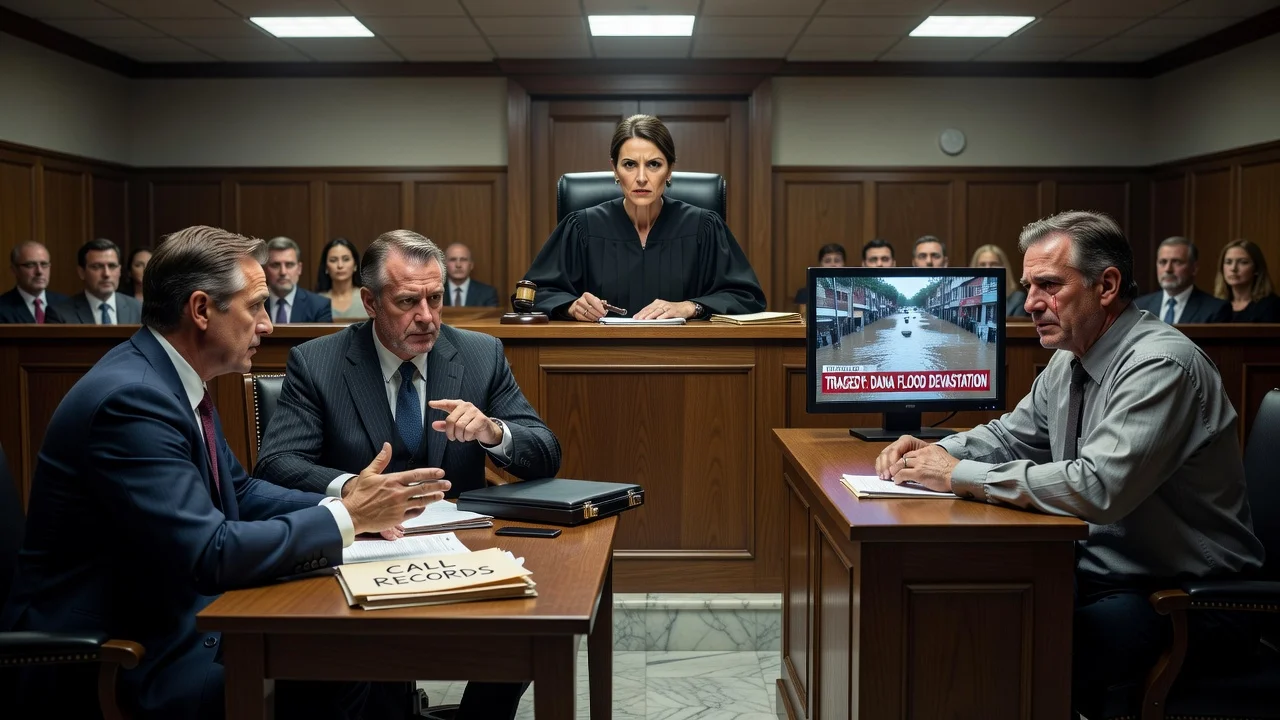 A photorealistic courtroom scene depicting a judge denying a request in the DANA case legal proceedings.