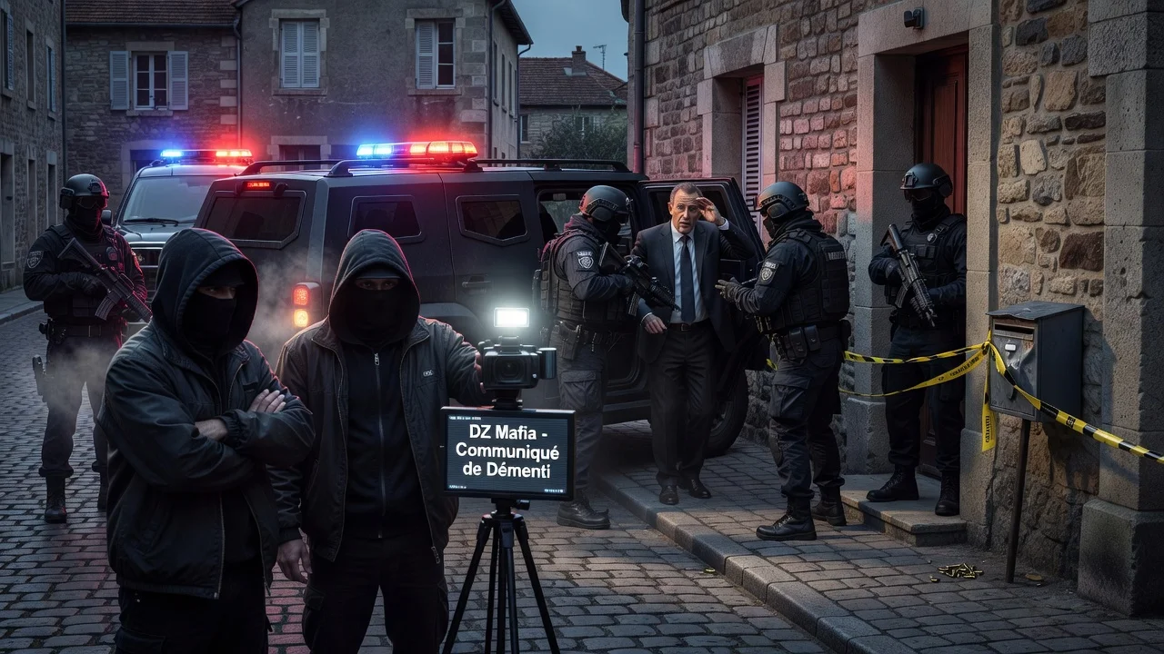 Hooded DZ Mafia figures filming denial video with RAID police at mayor's home after bullet threat discovery.