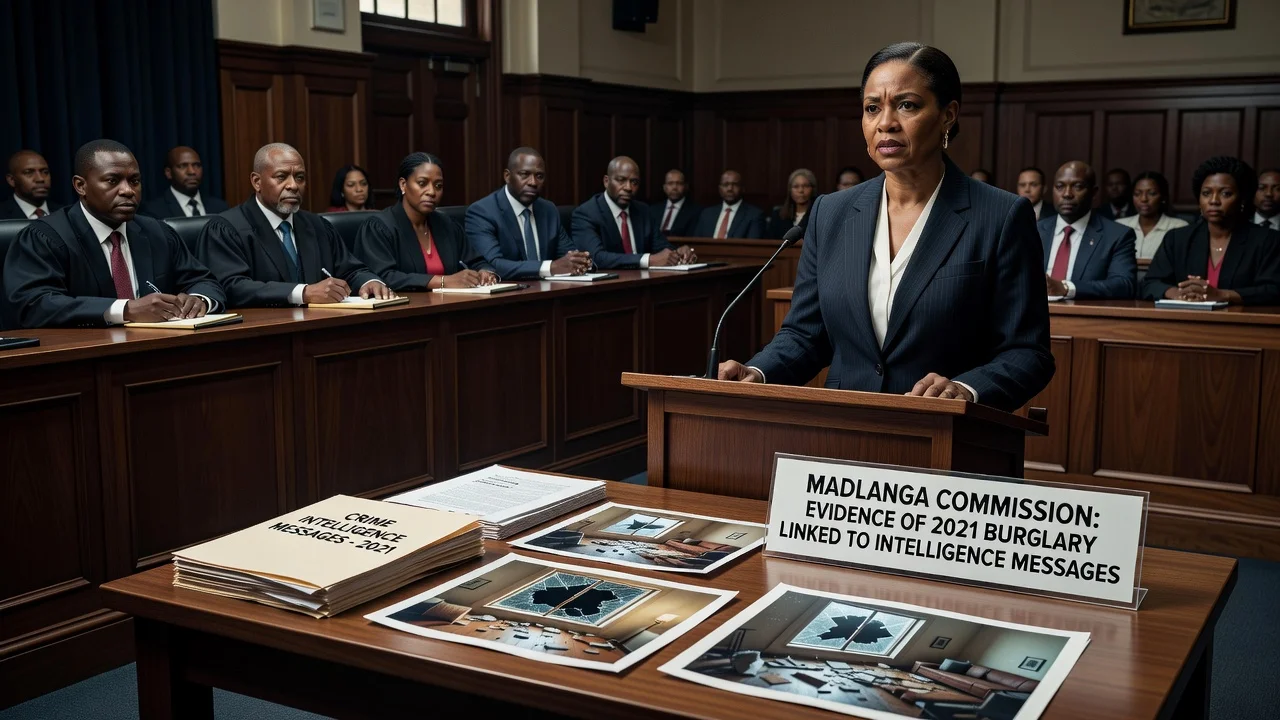 A courtroom scene from the Madlanga Commission inquiry involving journalist burglary testimony.