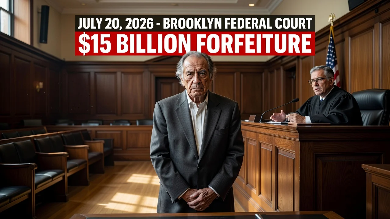 Courtroom scene of El Mayo Zambada's life sentence and $15 billion forfeiture order.
