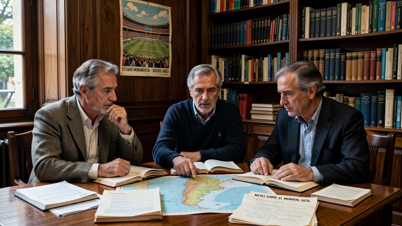 Three Argentine historians in a library discussing racism accusations tied to the 2026 World Cup.