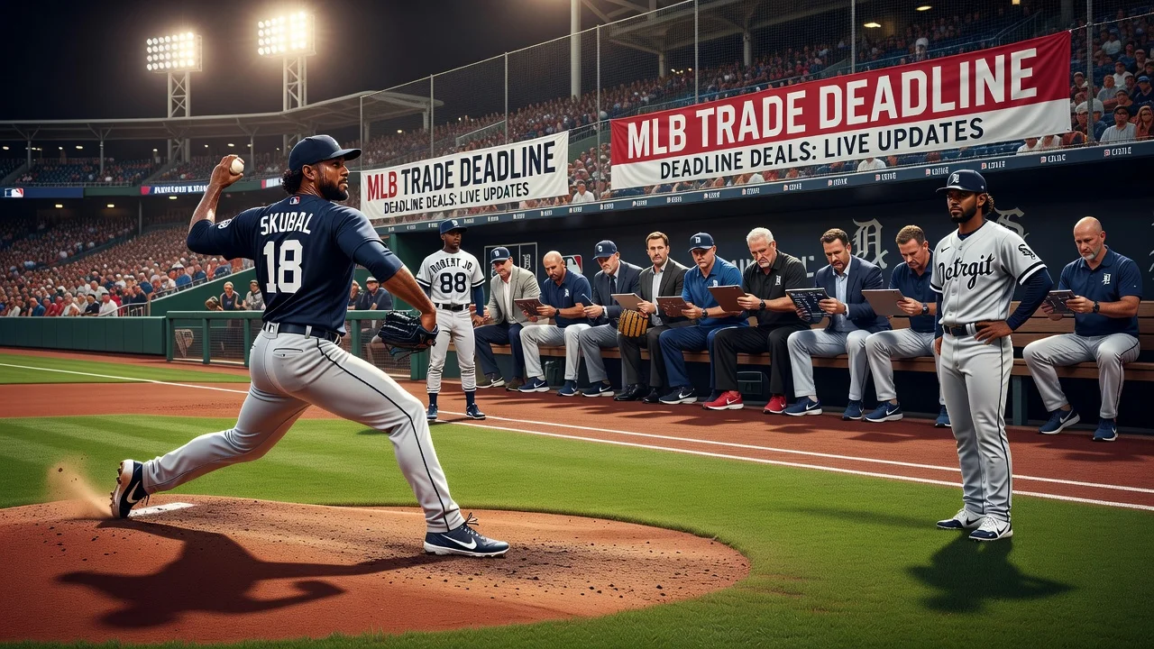 Photorealistic illustration of MLB trade deadline negotiations involving pitchers like Tarik Skubal and outfielders like Luis Robert Jr.