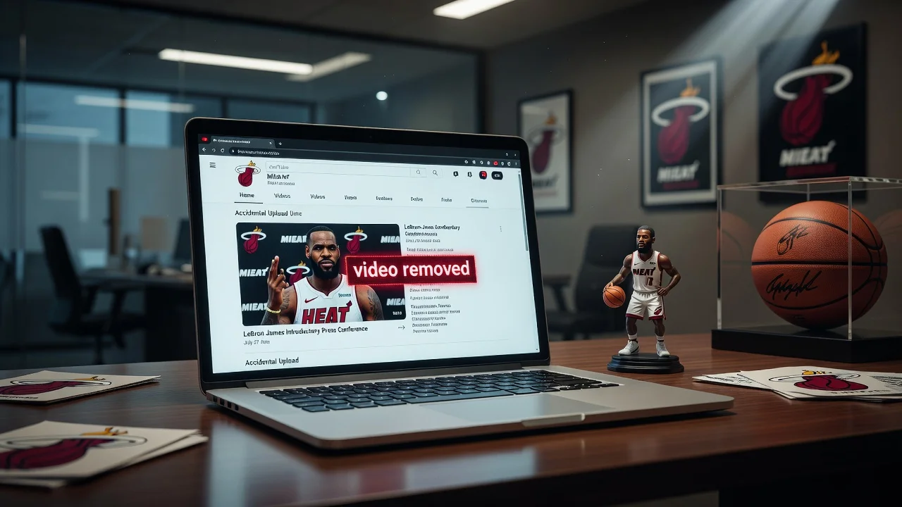 Illustration of Miami Heat's YouTube channel accidentally posting and removing LeBron James press conference video