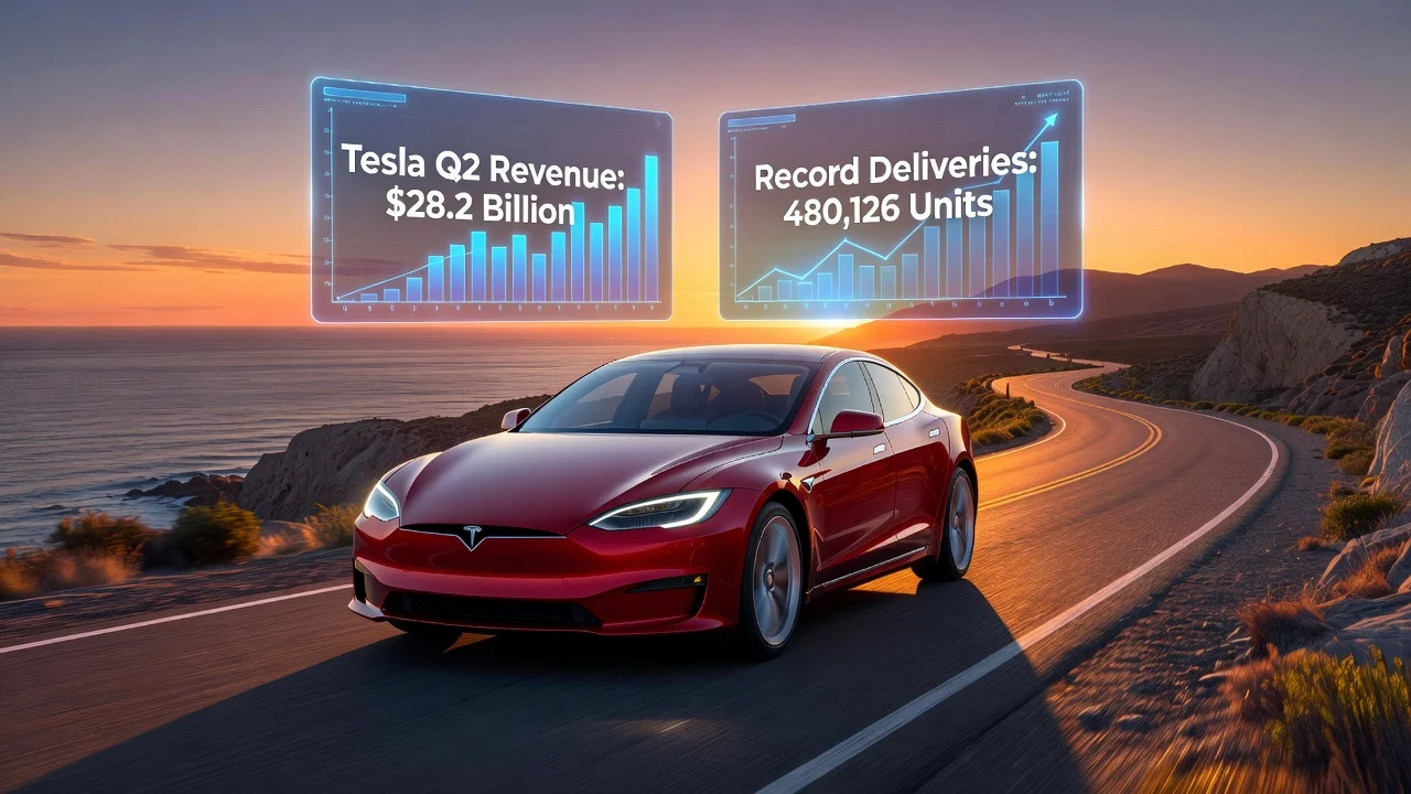 Illustration of Tesla's record Q2 revenue and vehicle deliveries for a news article.
