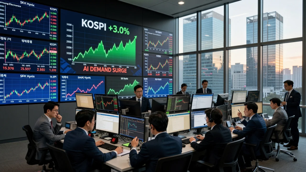 Seoul stock traders viewing rising KOSPI screens amid AI tech rally in modern trading floor.