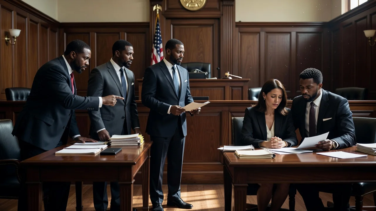 Courtroom illustration of Chadwick Boseman's brothers petitioning to remove his widow from controlling the estate.