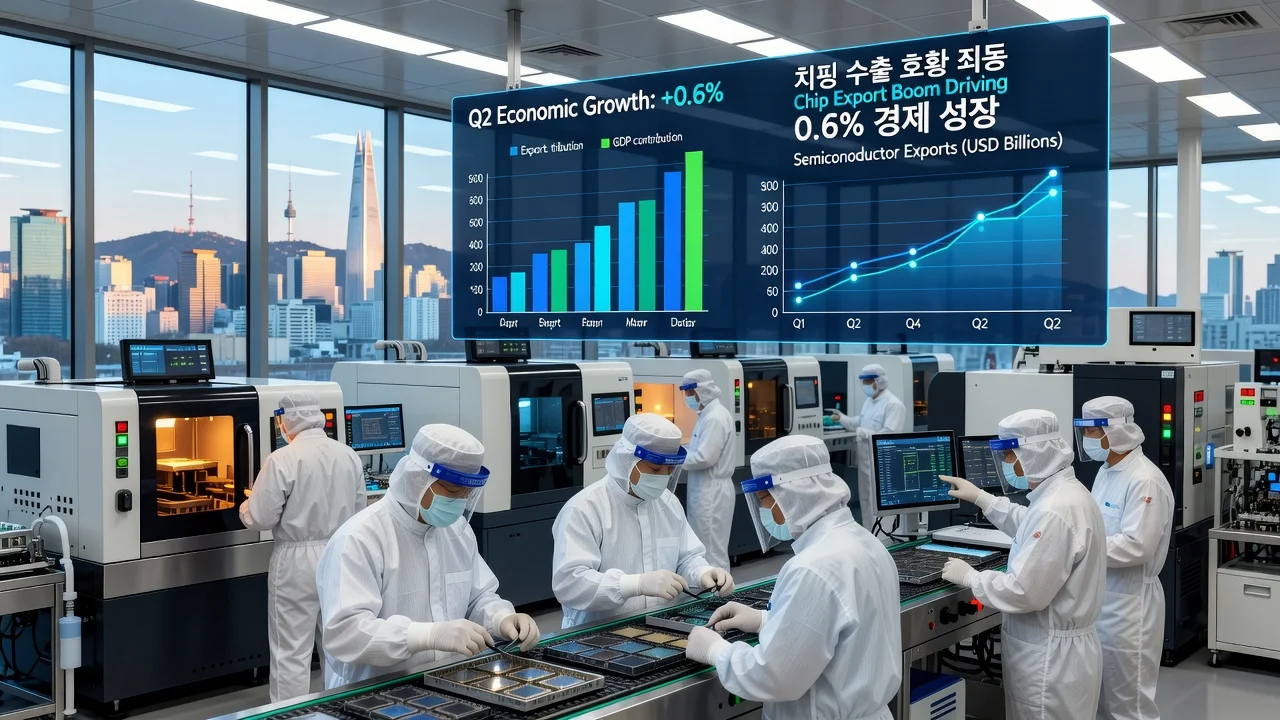 Illustration of South Korean semiconductor factory symbolizing economic growth from chip exports.