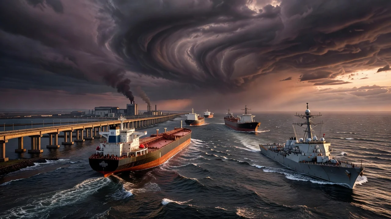 Dramatic illustration of Strait of Hormuz with ships, bridge, power plant and naval vessel evoking Trump's threat to Iran