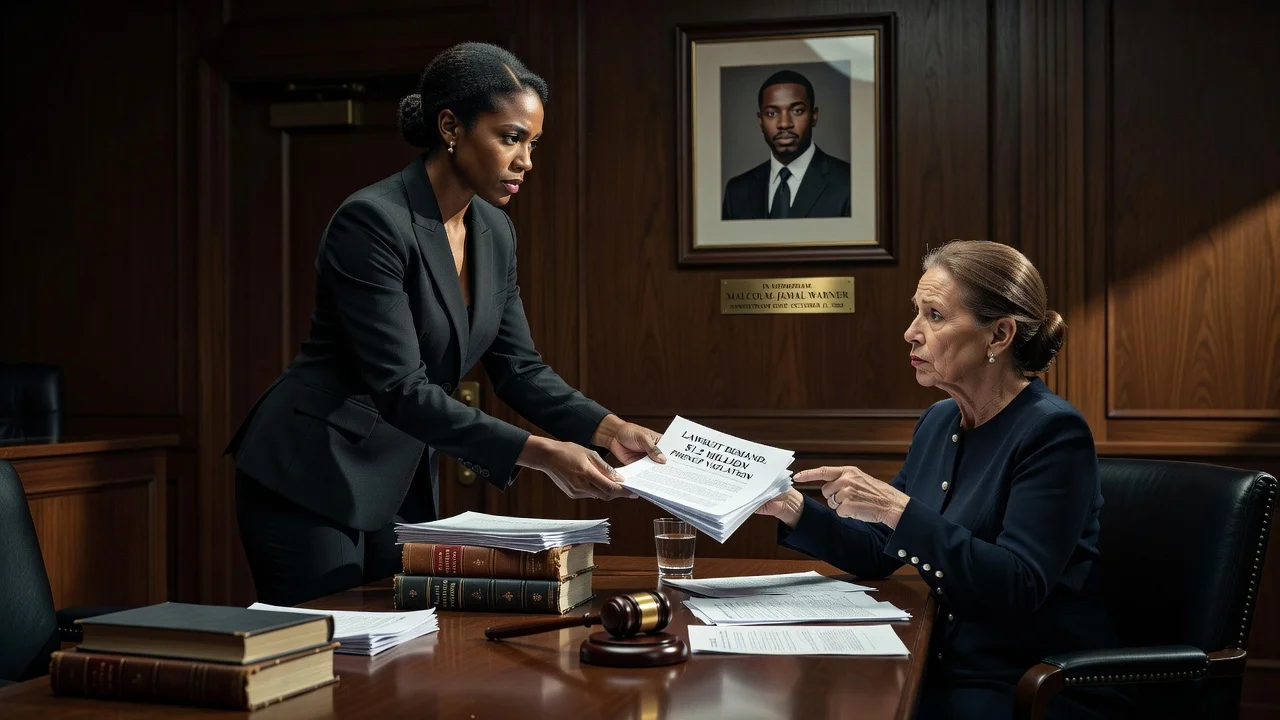 Illustration of a legal dispute between Malcolm-Jamal Warner's widow and his mother over his estate.