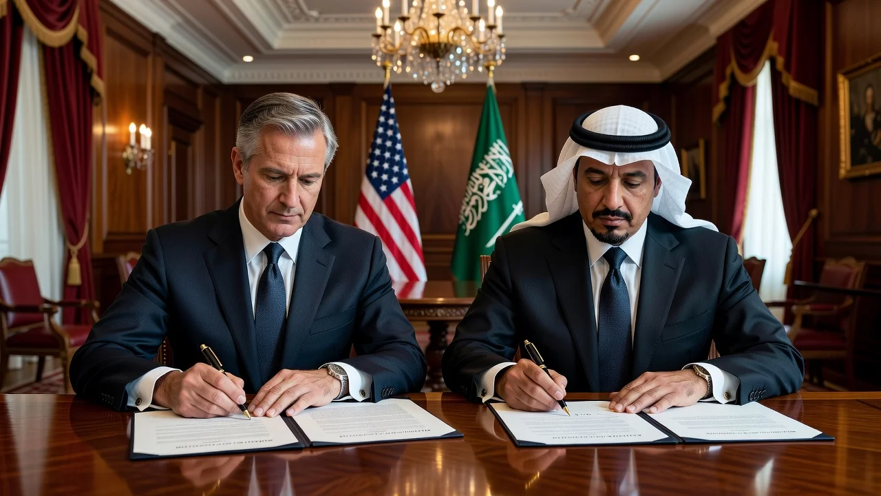 U.S. and Saudi officials signing a nuclear cooperation agreement in a formal setting.