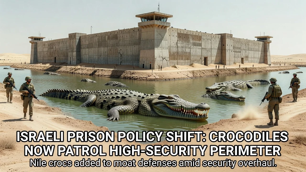Israeli prison with Nile crocodiles in a surrounding moat for security, photorealistic news illustration.