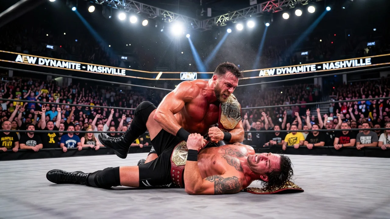 Kevin Knight pinning Darby Allin in a wrestling match to retain the AEW TNT title.