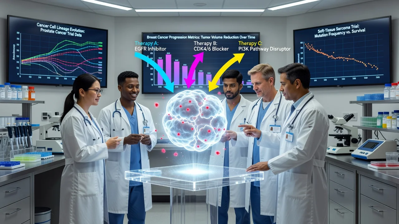 Illustration of oncologists analyzing a holographic shrinking tumor model with drug-switch timelines to prevent cancer resistance.