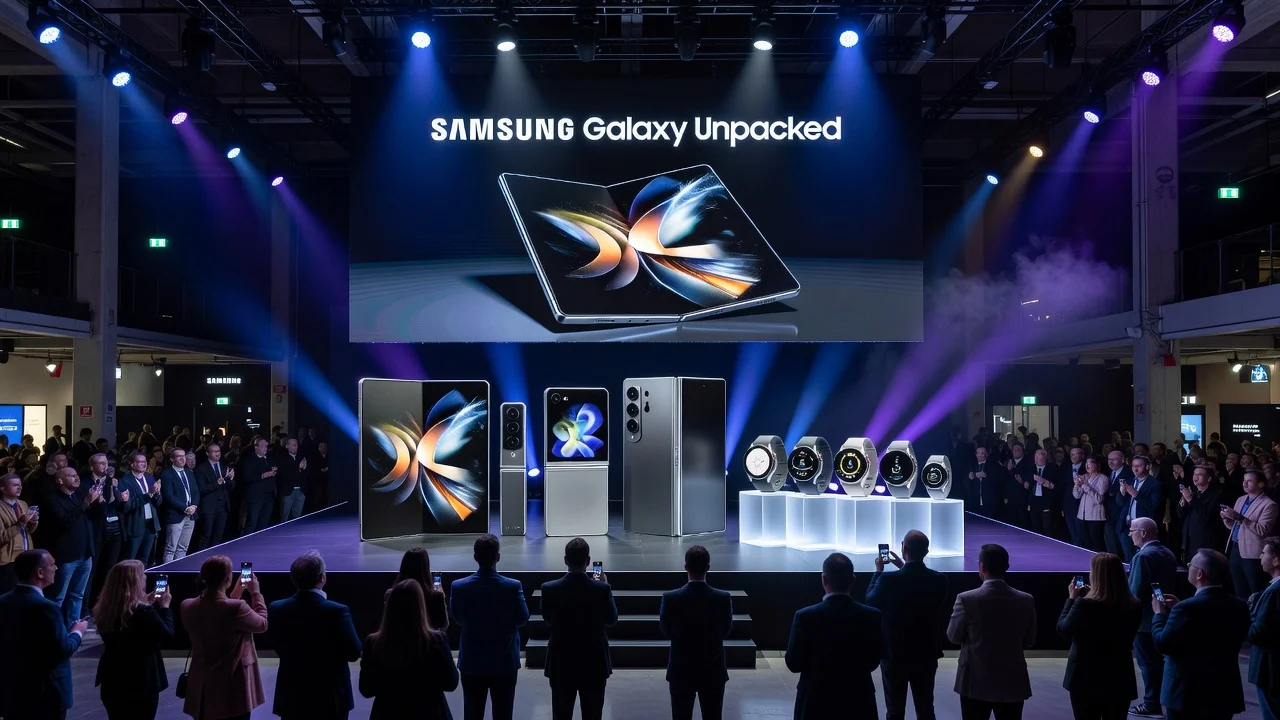 Samsung's new foldable phones and smartwatches displayed at the Galaxy Unpacked event.