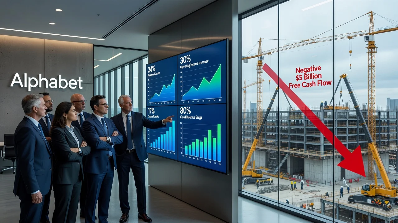 Realistic corporate scene illustrating Alphabet's Q2 financial growth amid heavy investments in data centers.