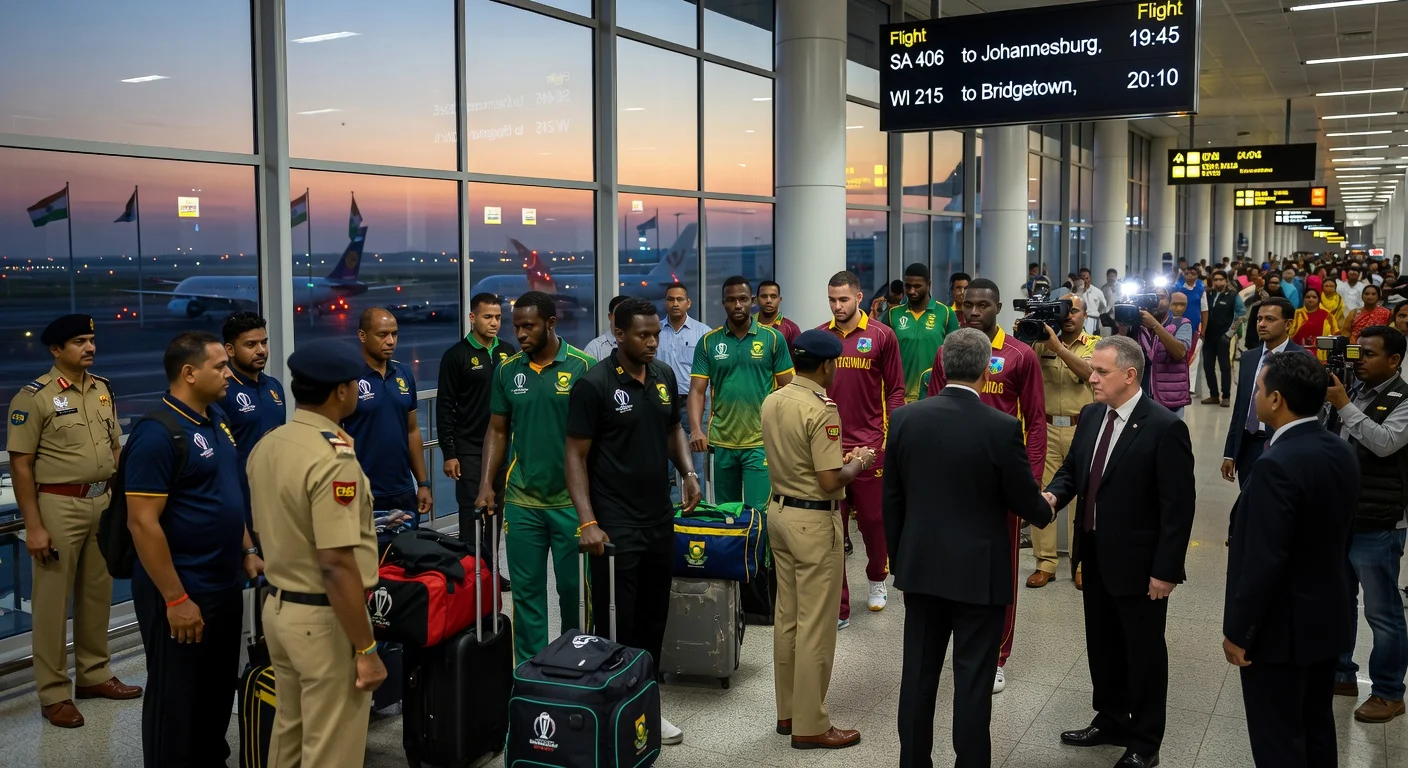 South Africa and West Indies cricket teams departing India airport amid resolved travel chaos post-T20 World Cup.