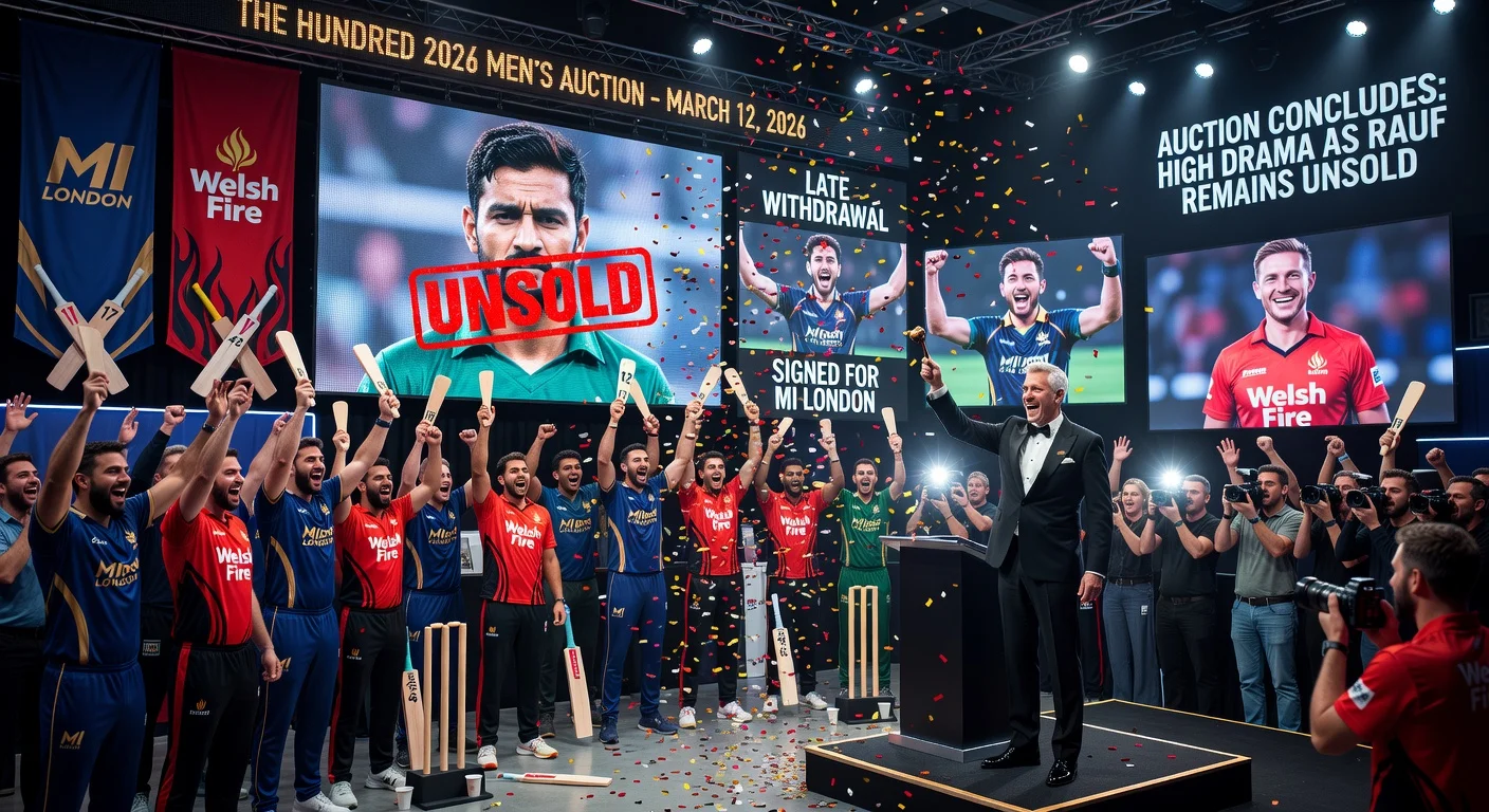 Dynamic auction scene from The Hundred 2026 men's draft, featuring unsold Haris Rauf, signings of Tom Curran and Joe Root.